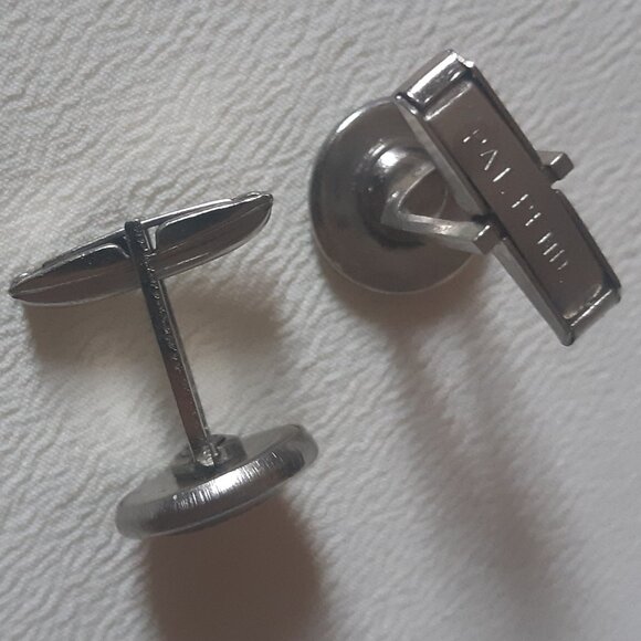 1950s Adularescent Grey Art Glass Silver Tone .5" Round Cuff Links - Picture 3 of 10